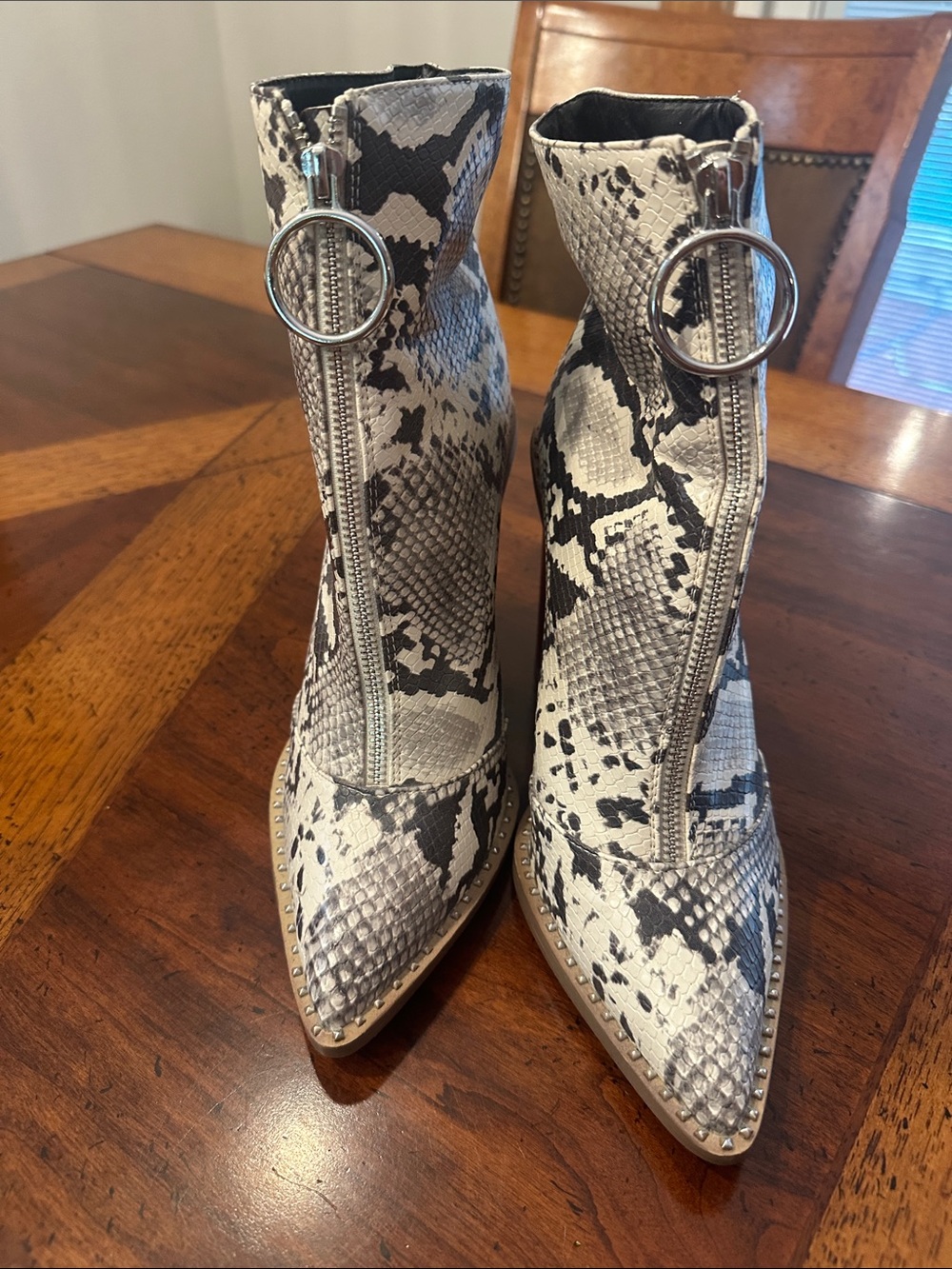 Missguided Snake-Print Pointed Ankle Boots in Black and White